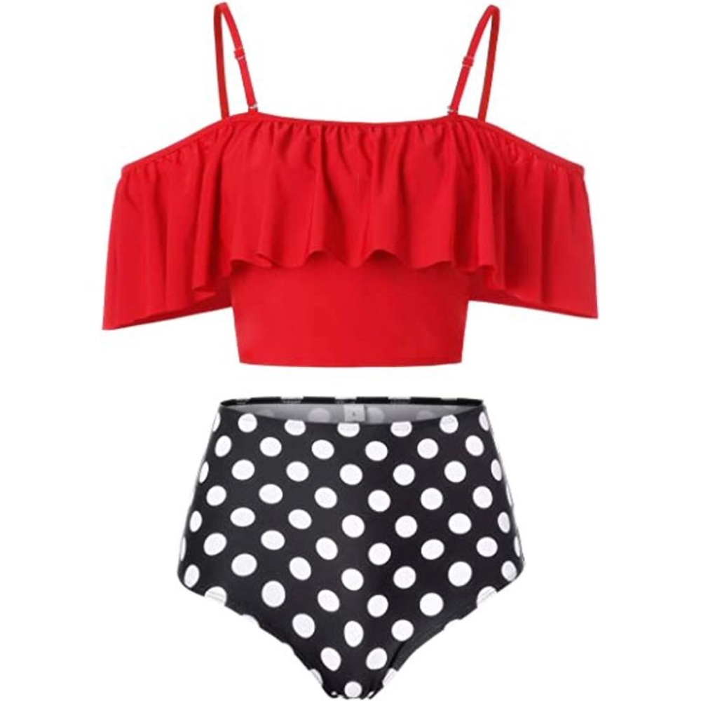 Marinavida Women Swimsuit Two Piece High Waisted Bikini Ruffle Bathing Suits Red